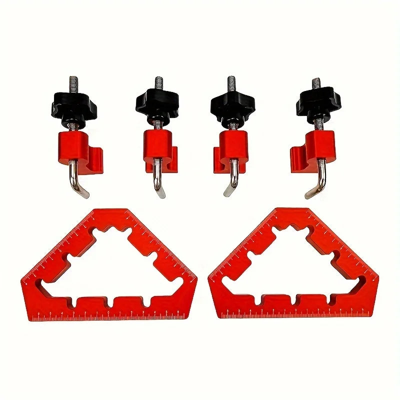 Set of four red L-shaped angle guides for precision woodworking