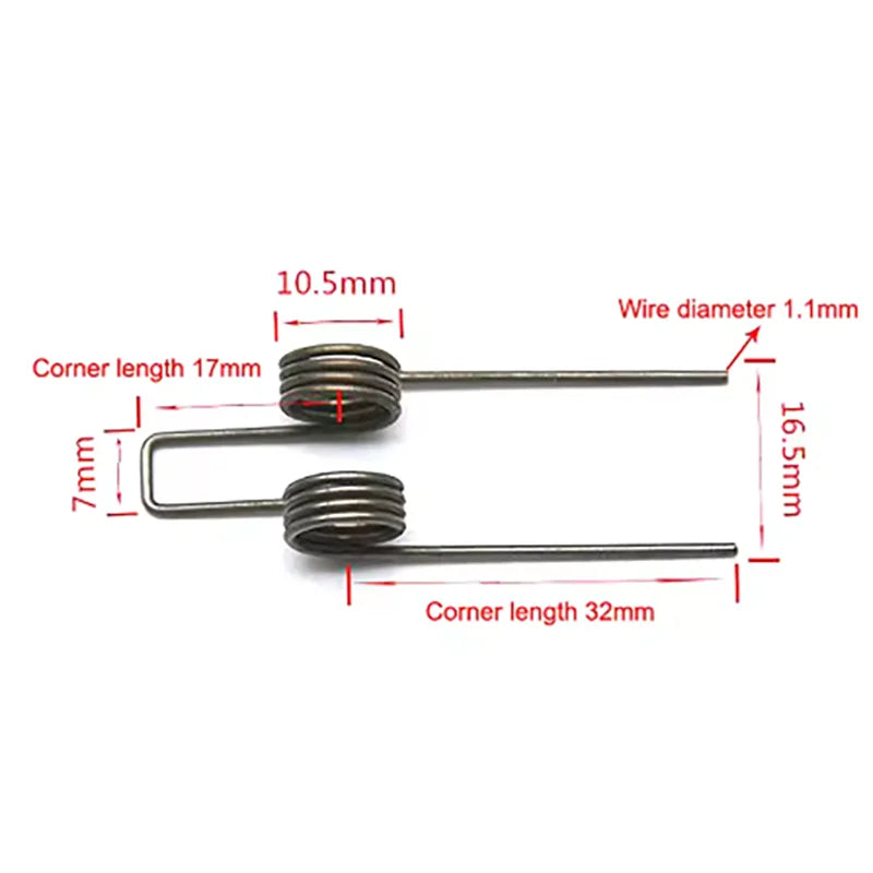 A set of two metal wire torsion springs with specified dimensions and a 1.1mm wire diameter.