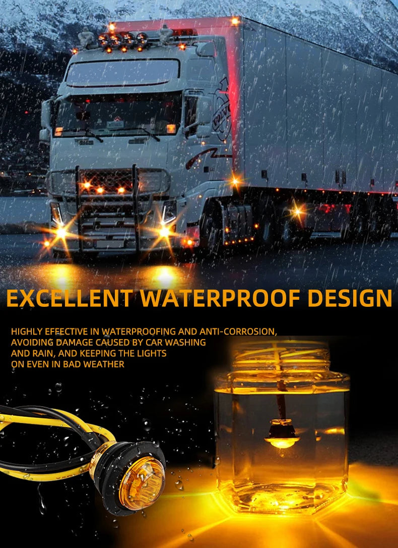 Close-up of round LED side marker lights illuminating a truck in snowy conditions.
