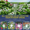 A set of ten all-weather solar lights designed for outdoor spaces, shown in various garden settings.