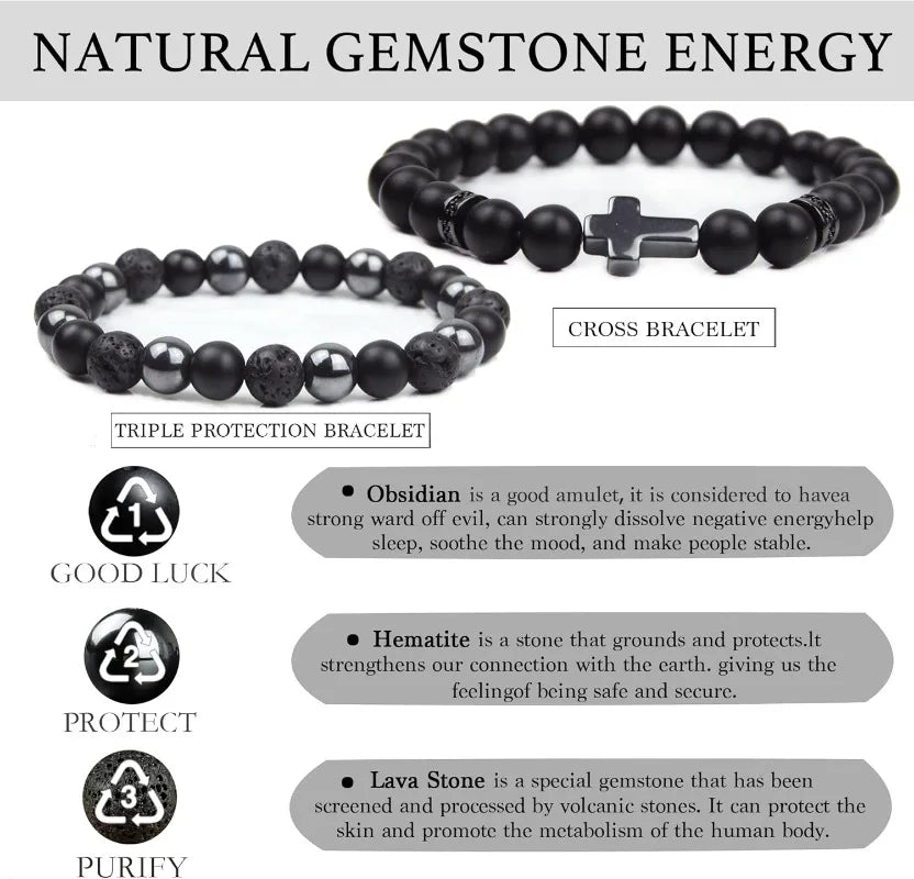 A black triple protection gemstone bracelet featuring obsidian, hematite, and lava stone.