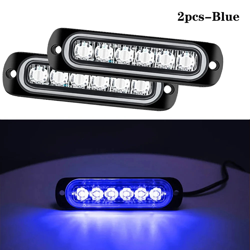 Two blue LED strobe side marker lights are shown, with one light illuminated and casting a bright blue glow.