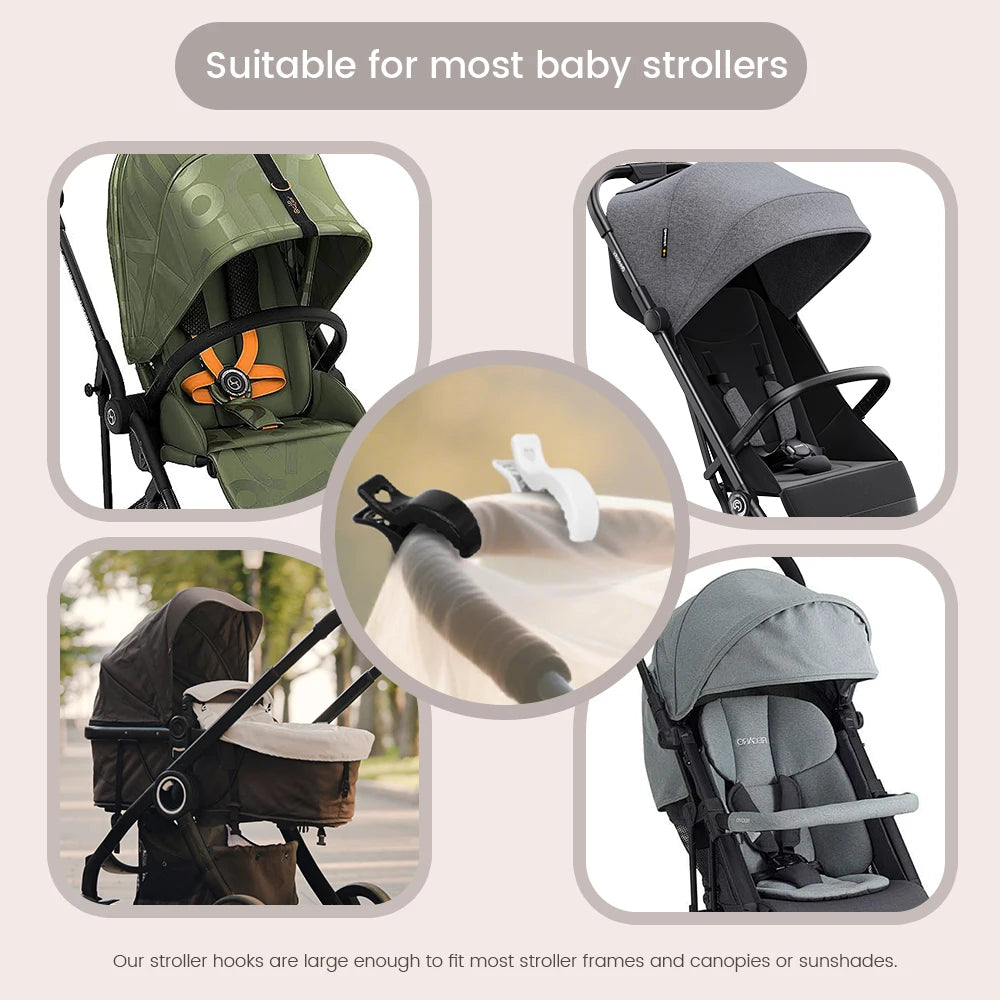 Stroller hooks designed to fit various stroller frames and canopies or sunshades.