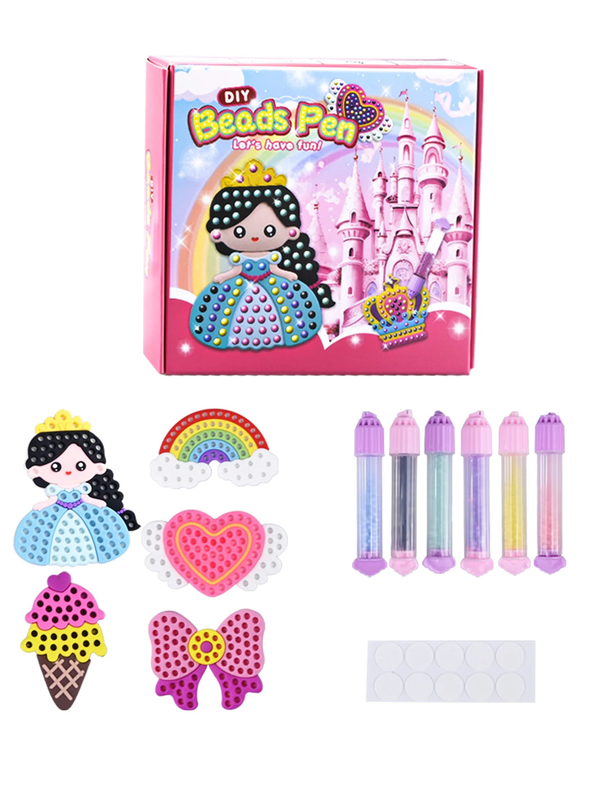 A box of DIY Beaded Pen craft kit featuring princess and rainbow designs, including a crown figure and various colored beads.