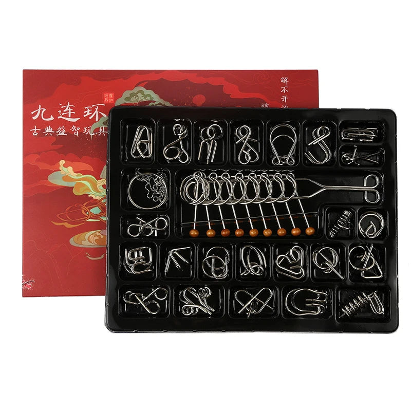A black puzzle set containing various metal wire puzzles and brain teasers displayed in a box.