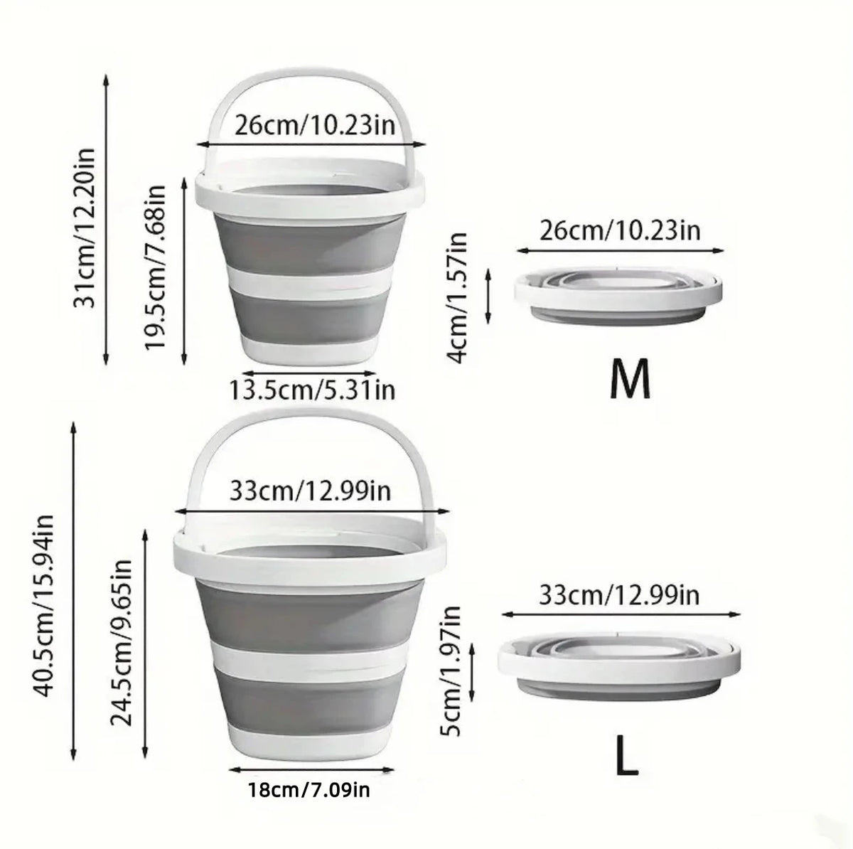 Two sizes of a foldable portable wash basin with handles, labeled M and L.