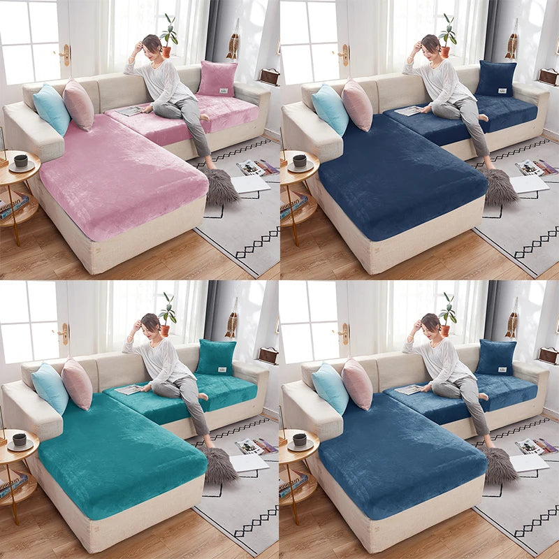 Two plush velvet stretch sofa seat covers in teal and navy blue are shown on light-colored sofas.