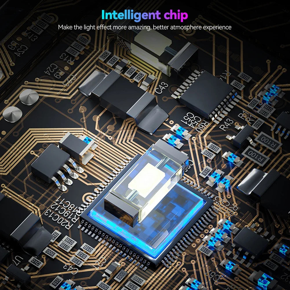 A close-up view of an intelligent chip circuit board with a compact LED light component.