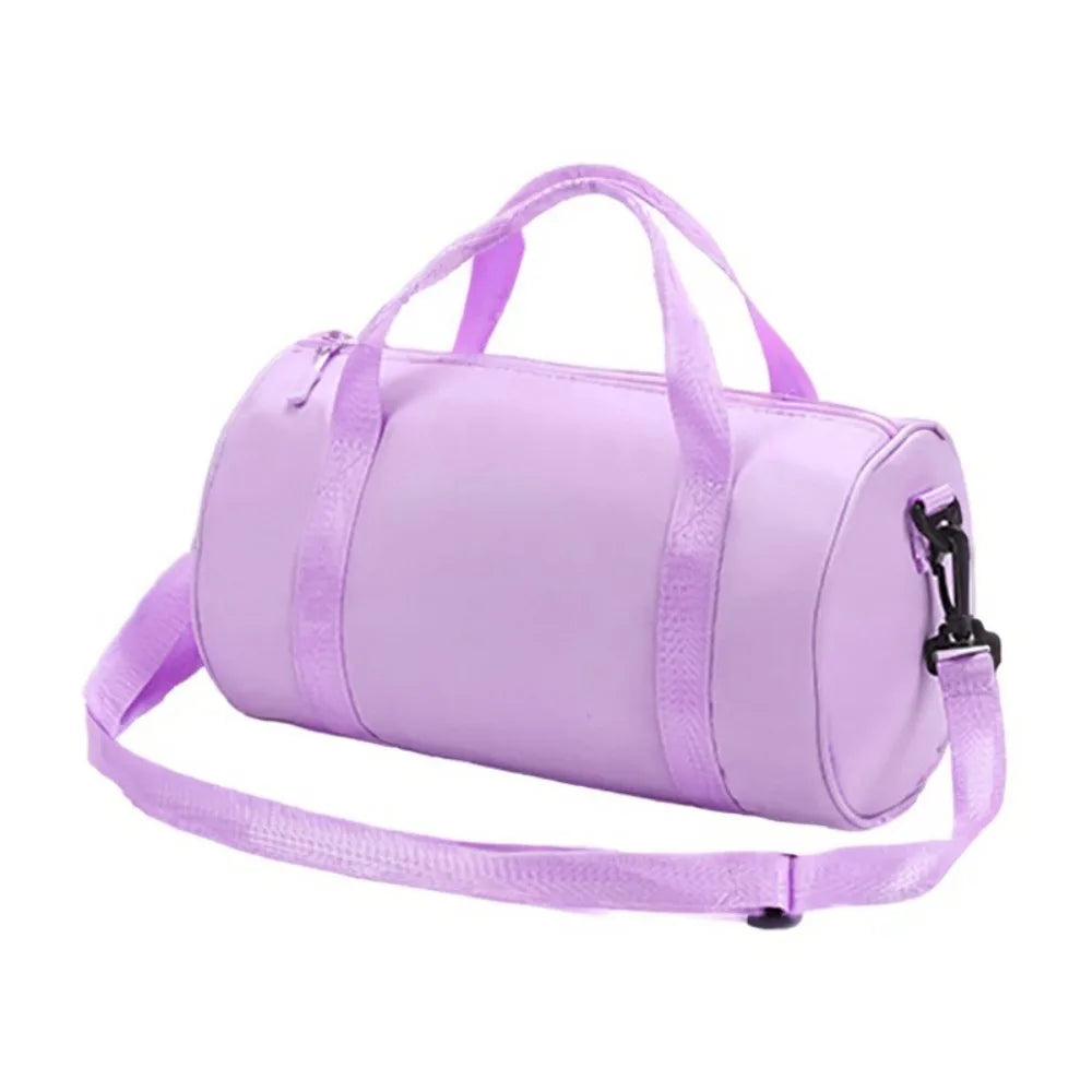 A lavender compact nylon gym bag with an adjustable strap.