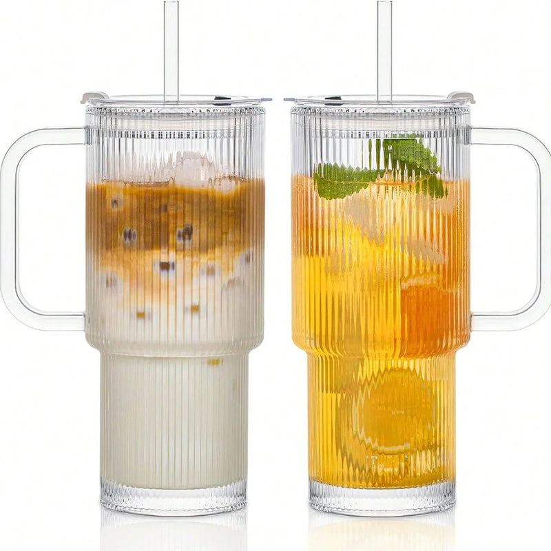 Ribbed Glass Tumbler with Handle & Lid