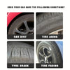 Four images showing tire and car conditions: car dirt, tire aging, tyre crack, and tire fading.