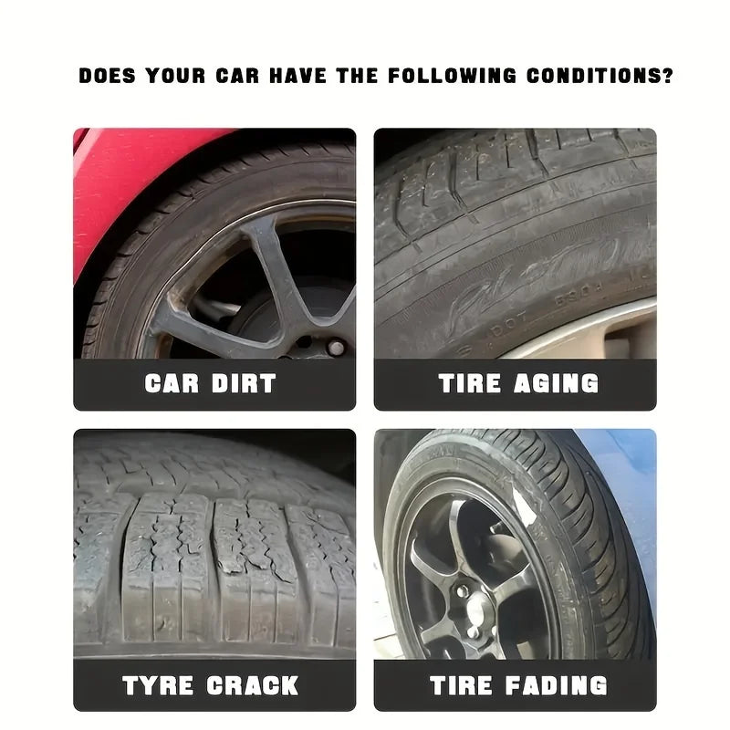Four images showing tire and car conditions: car dirt, tire aging, tyre crack, and tire fading.