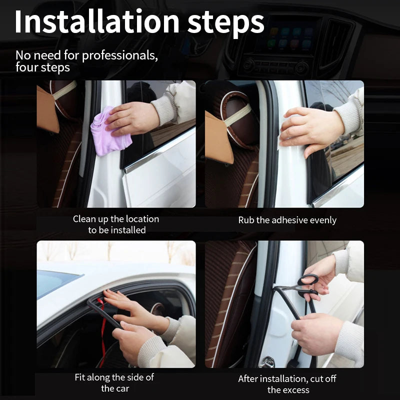 Installation steps showing how to apply and fit a double-layer self-adhesive car door seal strip on a vehicle.