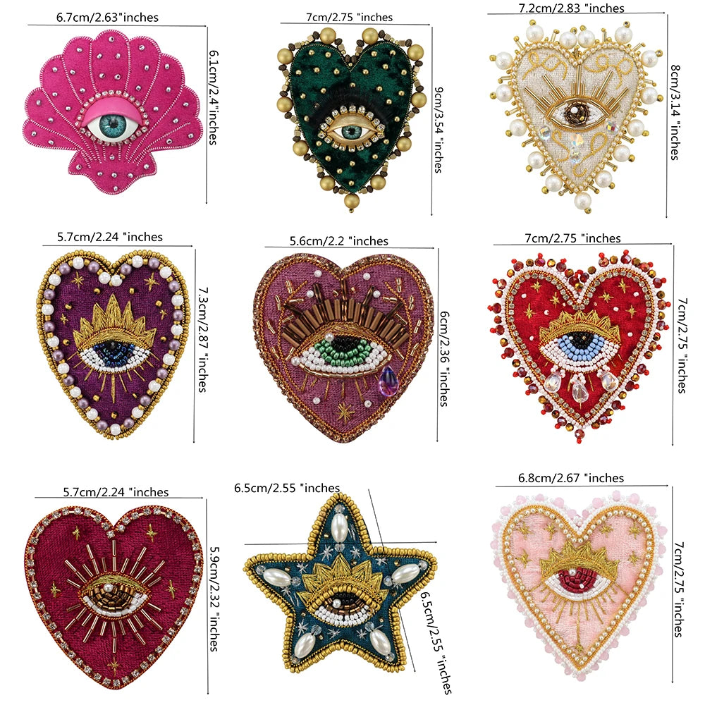 A collection of sparkling beaded rhinestone patches featuring various designs including flowers, hearts, and eyes for clothin