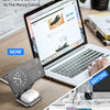 A portable magnetic wireless charging stand for Apple devices shown next to a laptop.