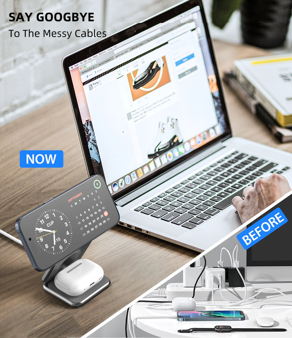 A portable magnetic wireless charging stand for Apple devices shown next to a laptop.