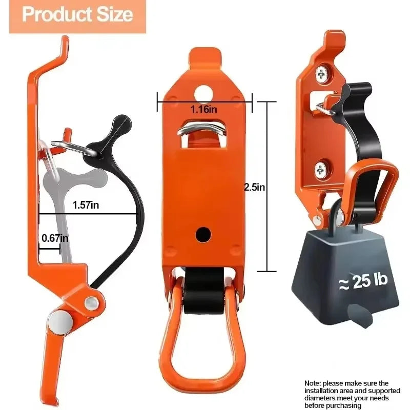 Orange heavy-duty wall mount tool holder with a black hook and mounting bracket