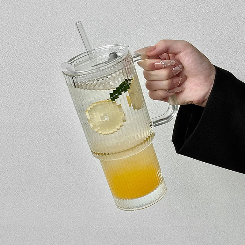 Ribbed Glass Tumbler with Handle & Lid