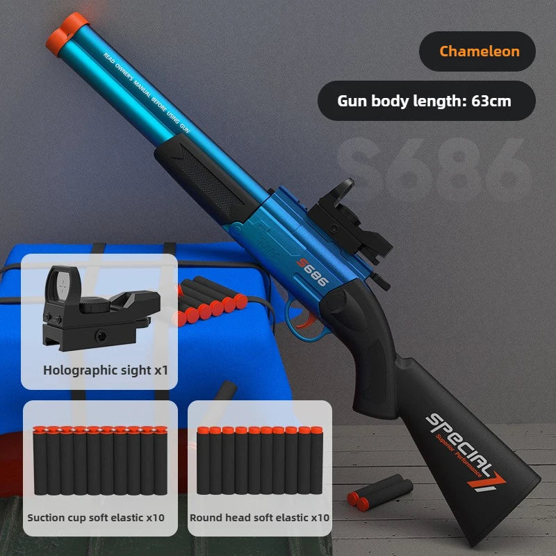 A blue and black double-barrel soft bullet toy rifle with various accessories like a holographic sight and elastic bullets.
