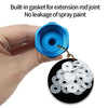 A hand holds a blue paint sprayer extension rod with a gasket and a circular disc of silicone seals.