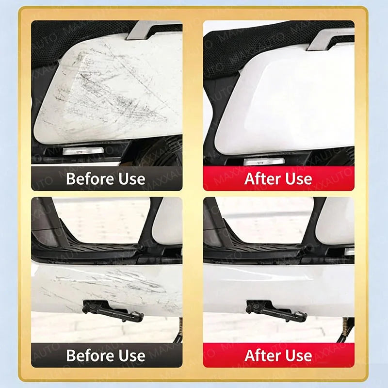 Before and after images showing the effectiveness of a car scratch remover on auto paint.
