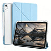 A white iPad is shown with a light blue magnetic flip smart cover in an open position.