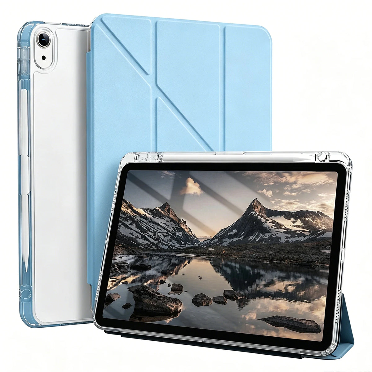 A white iPad is shown with a light blue magnetic flip smart cover in an open position.