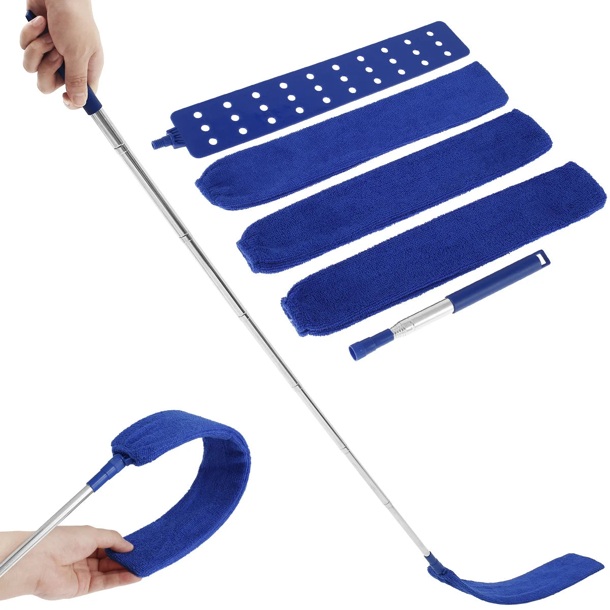 A hand holds a retractable microfiber gap cleaning duster with a flexible blue head and multiple cleaning pads.