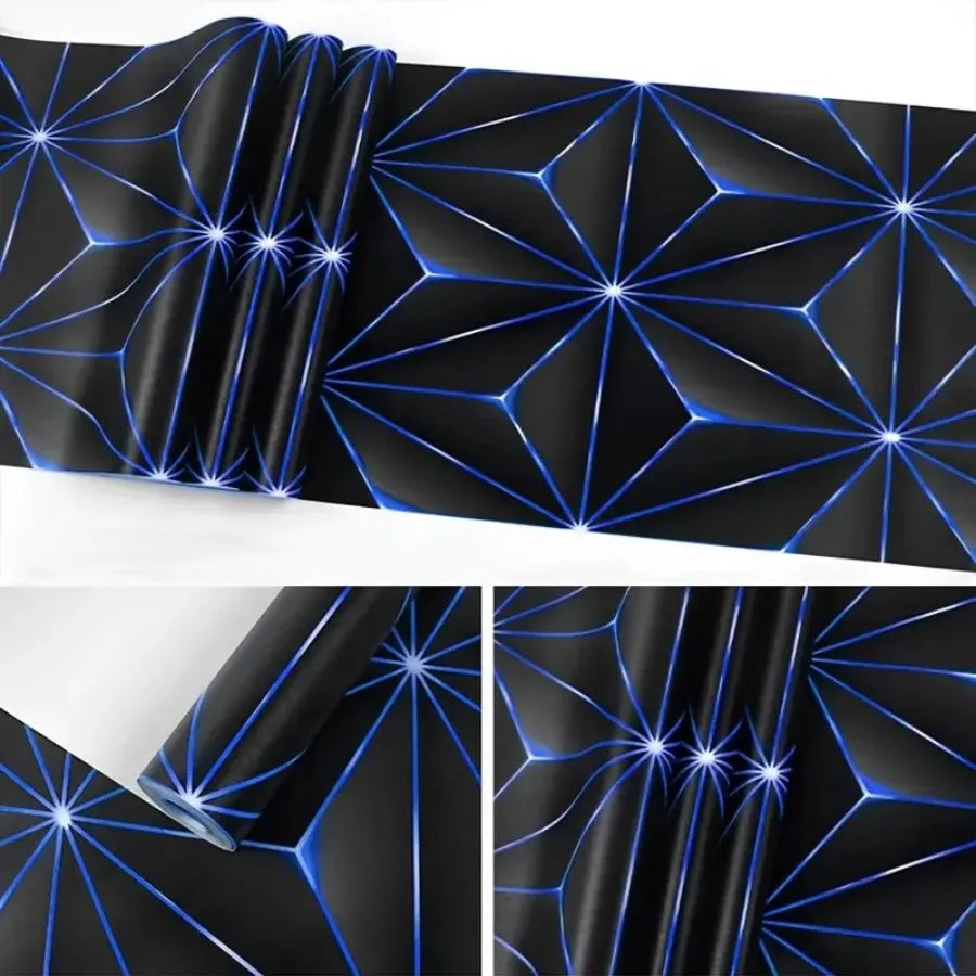 Black self-adhesive 3D vinyl wallpaper featuring a geometric, glowing blue polygonal pattern.