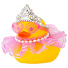 A yellow rubber duck decoration adorned with a silver crown, pink sunglasses, and a pearl necklace.