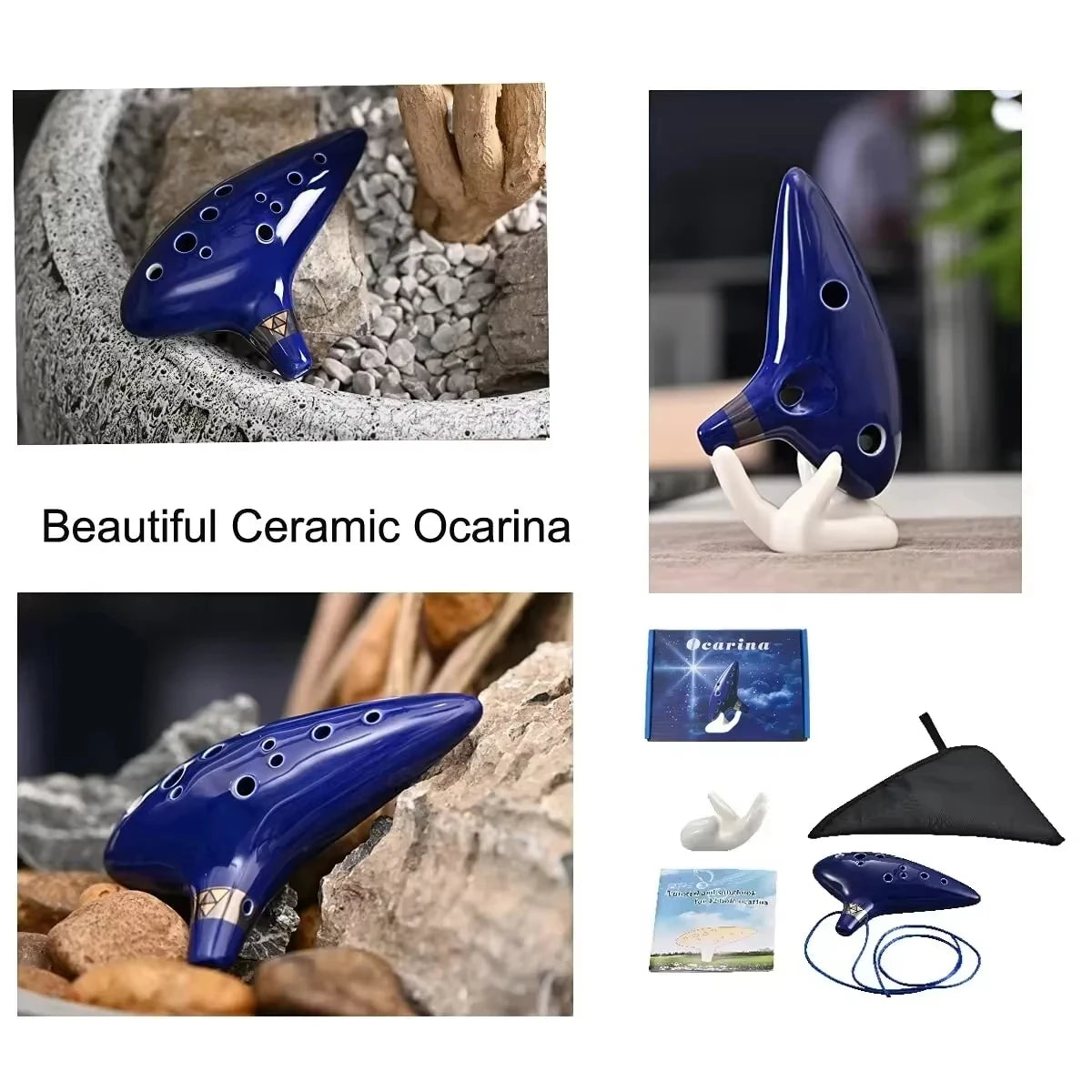 A beautiful blue ceramic ocarina with a mouthpiece, music book, and storage bag displayed on rocks.