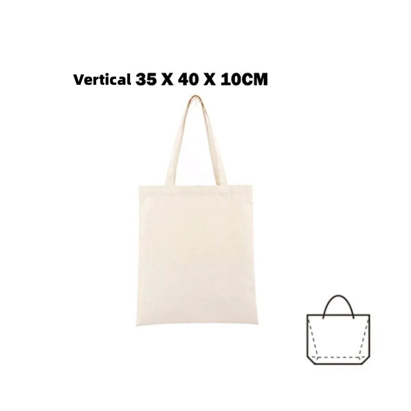A plain beige canvas shopping tote bag with handles.