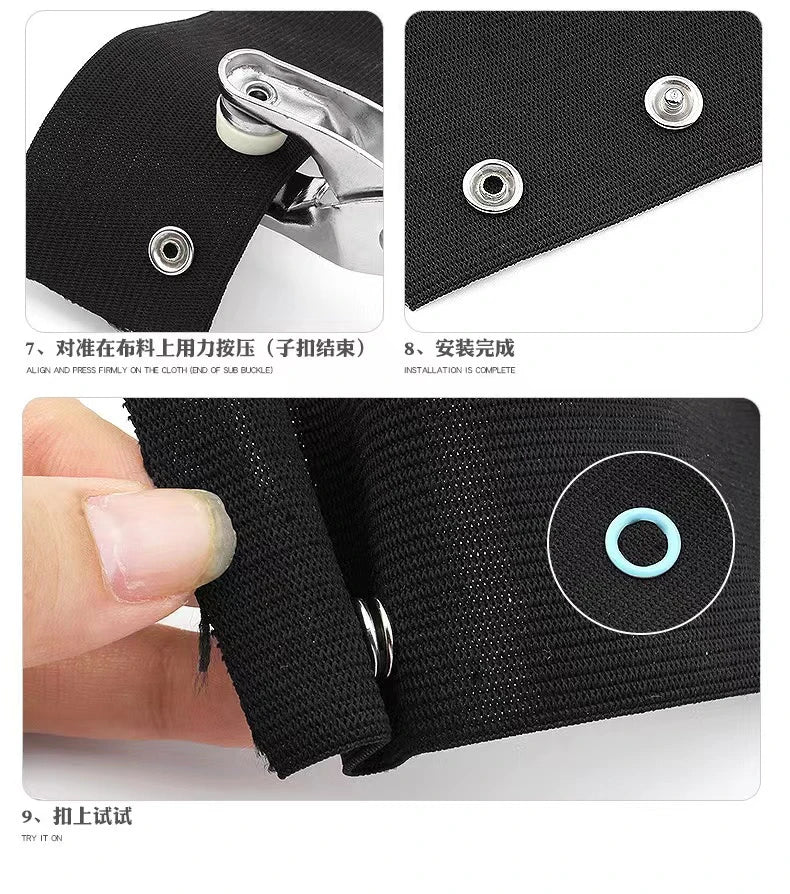A set of black snap fastener pliers with metal buttons shown in various stages of use and installation.