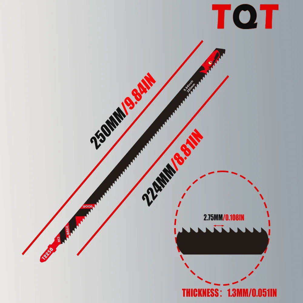 A set of TQT jigsaw blades showing dimensions like 250MM/9.84IN and thickness of 1.3MM/0.051IN.