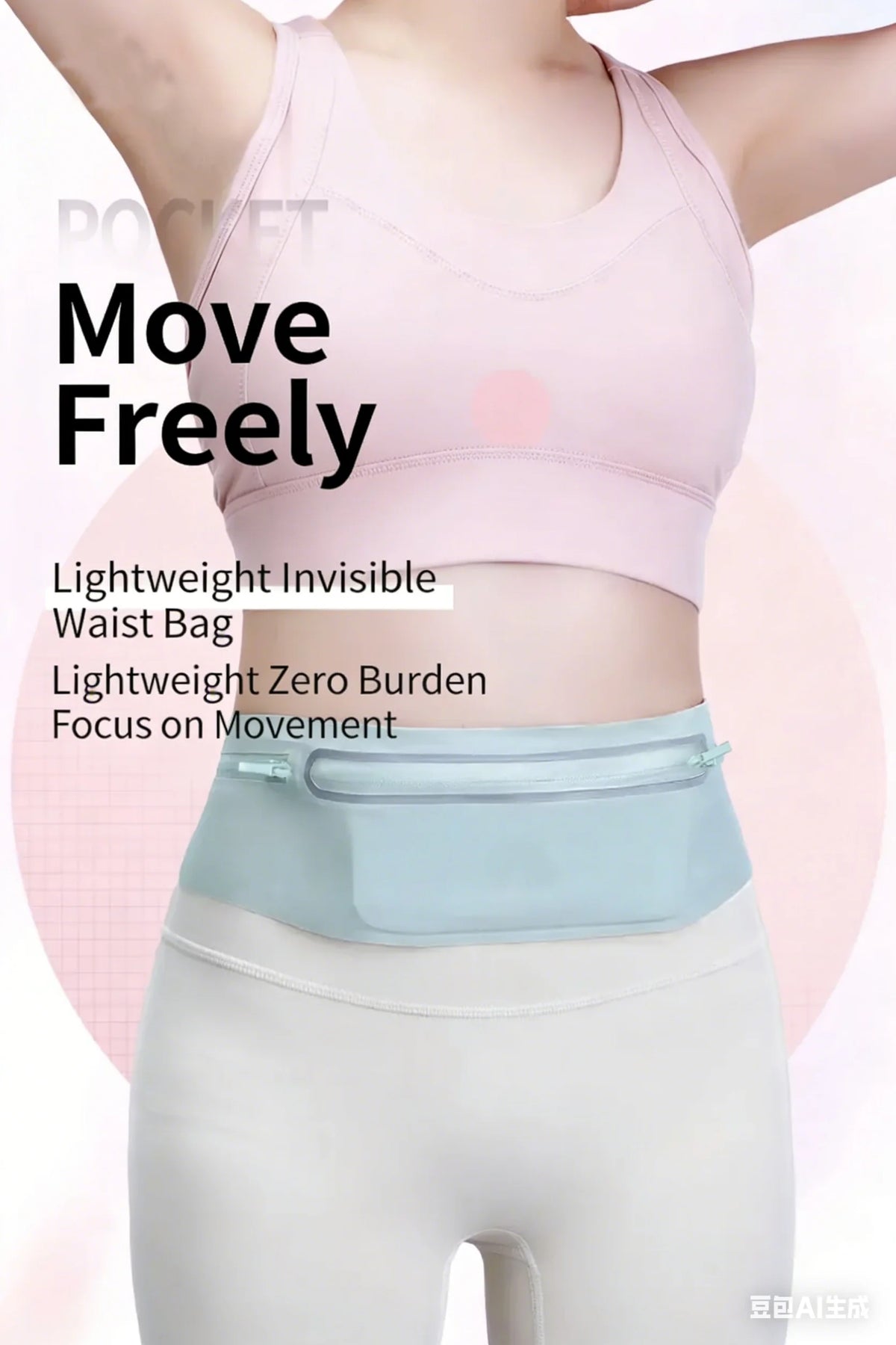 A woman wearing a light blue waist pack and white leggings demonstrates movement.