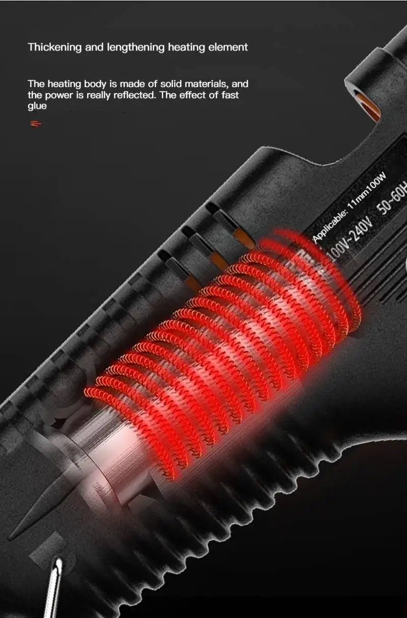 Close-up view of a hot melt glue gun showing the heating element and glue sticks being melted.