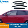 Black smoke window deflectors for a Honda Fit or Jazz hatchback.