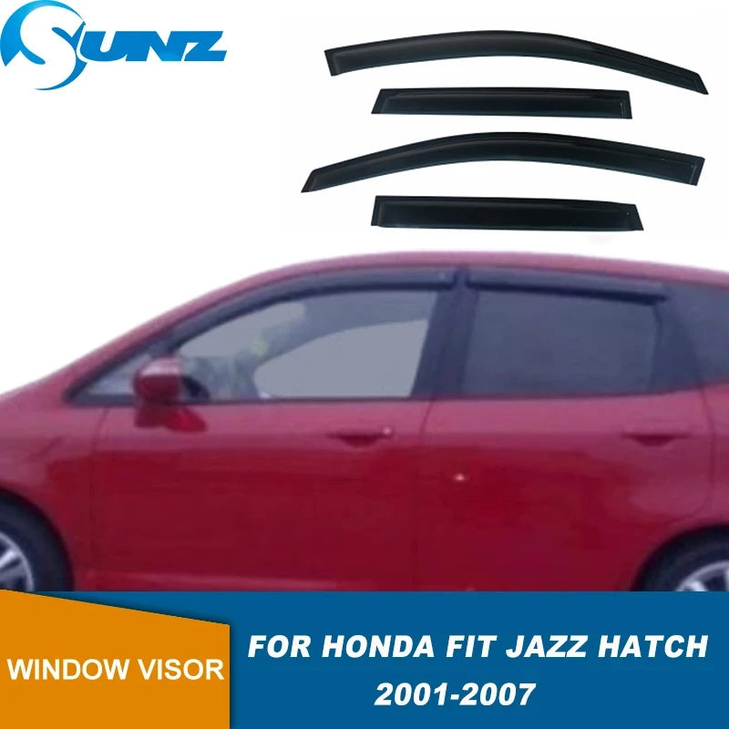 Black smoke window deflectors for a Honda Fit or Jazz hatchback.