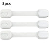 Three white child safety cabinet locks with flexible straps shown side by side.
