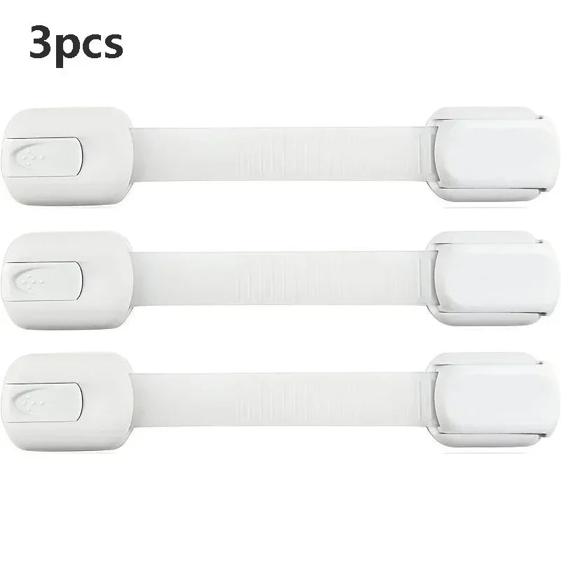 Three white child safety cabinet locks with flexible straps shown side by side.