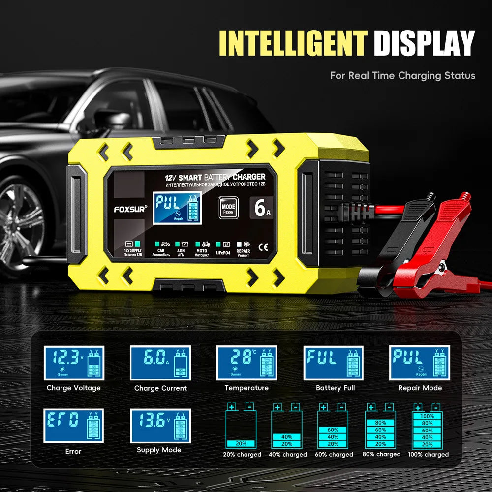 Cargador portátil de batería amarillo con pantalla digital junto a un coche, mostrando varios estados de carga