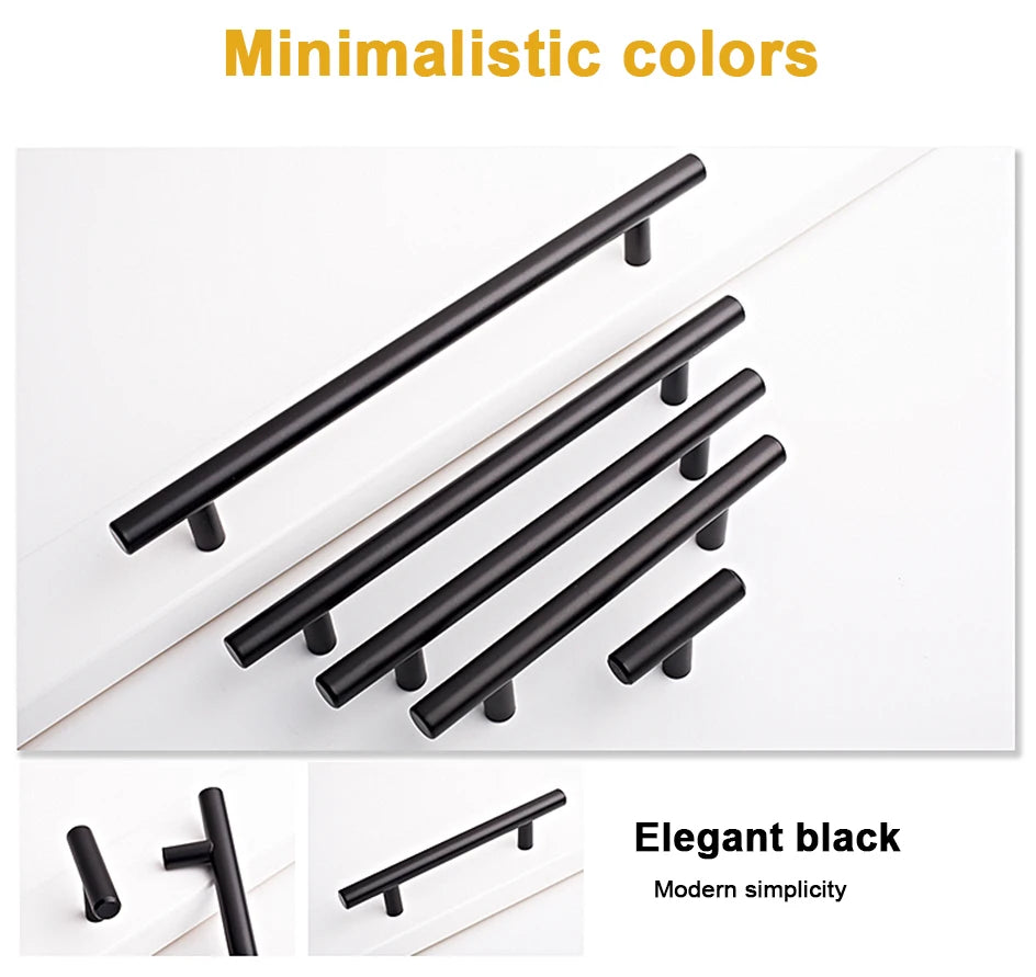 Elegante schwarze moderne Edelstahl-T-Bar-Schubladengriffe in verschiedenen Winkeln