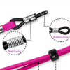 Close-up view of an adjustable soft eyewear lanyard featuring a metal ring and rubber loop attached to a pink strap.