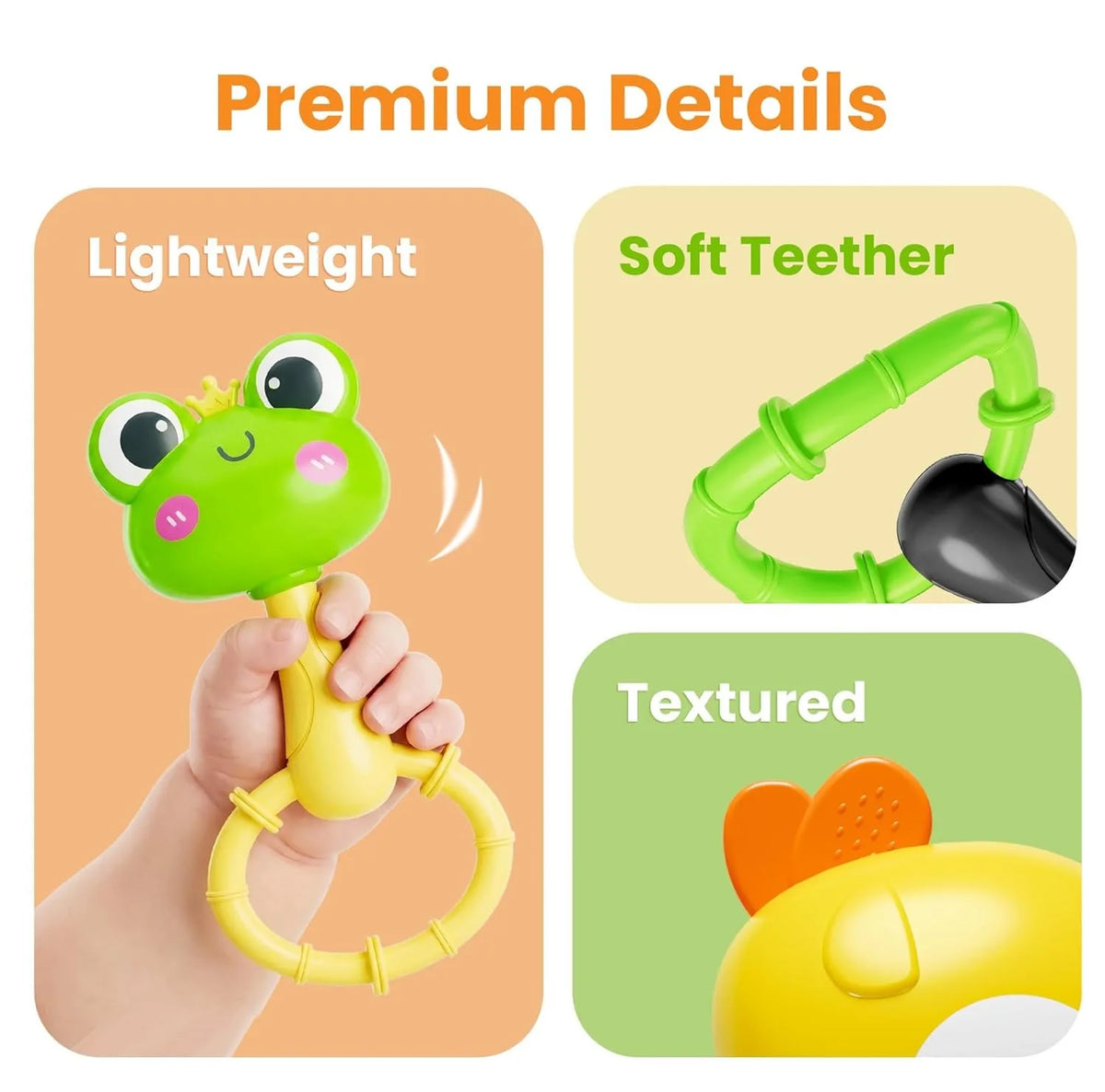 A hand holds a bright green silicone baby animal rattle teether toy with a yellow ring, shown next to details about its light