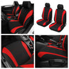 Black and red memory foam seat cushions for various vehicles, shown in interior and standalone views.
