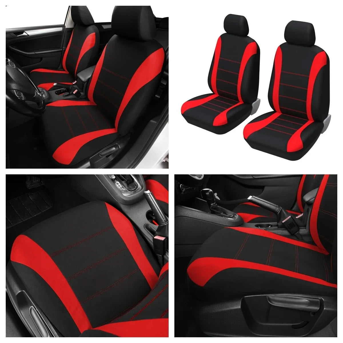 Black and red memory foam seat cushions for various vehicles, shown in interior and standalone views.