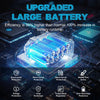 An upgraded large blue lithium-ion battery pack with various protection features displayed on a dark background.