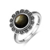 Vintage Sterling Silver Obsidian Ring with Sun and Flower Motif