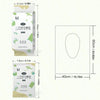 Packaging and dimensions of disposable toilet seat covers or portable hygiene liners.