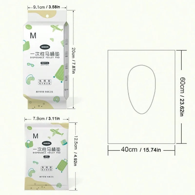 Packaging and dimensions of disposable toilet seat covers or portable hygiene liners.